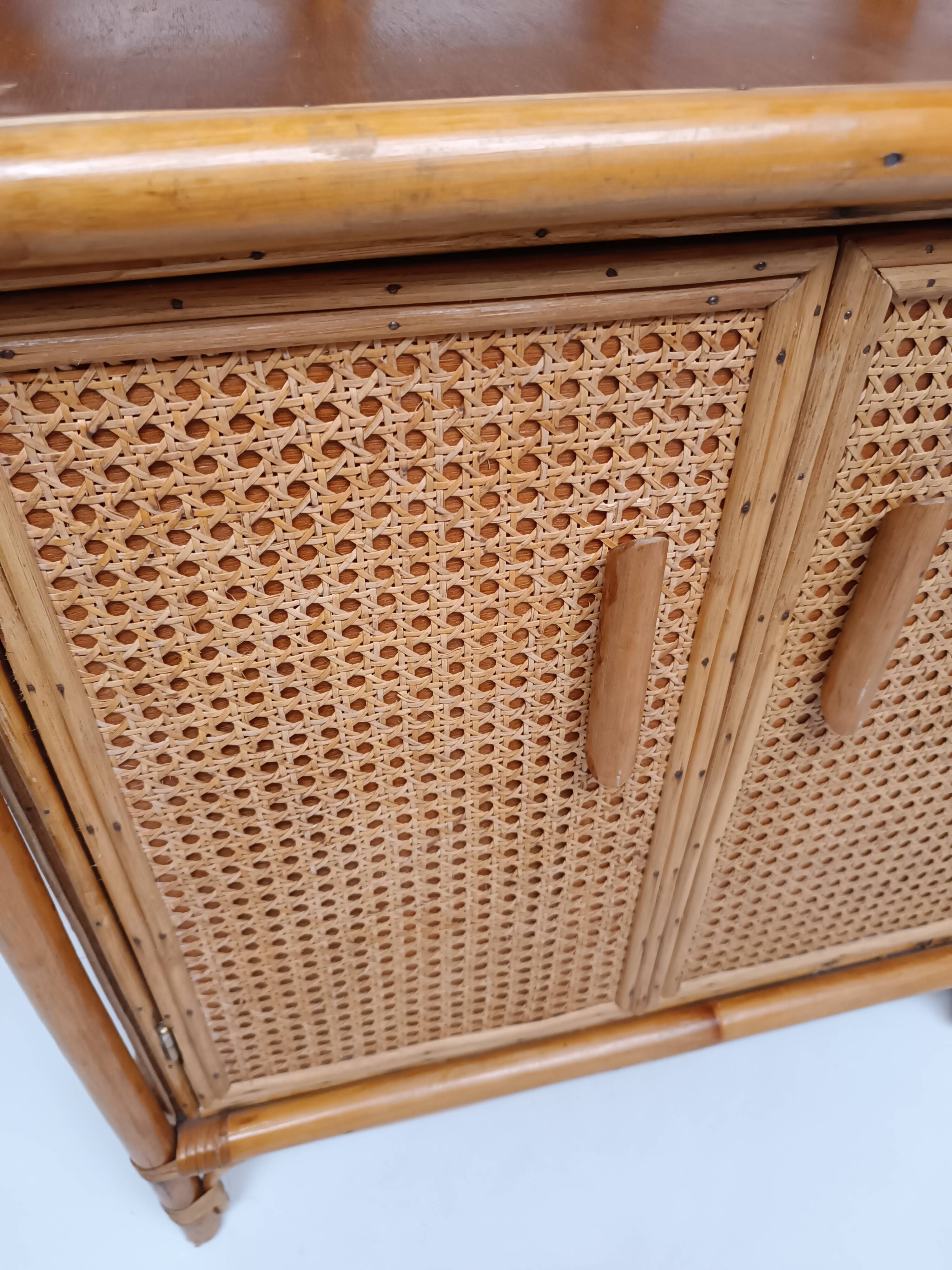 Vintage cane rattan and wood sideboard