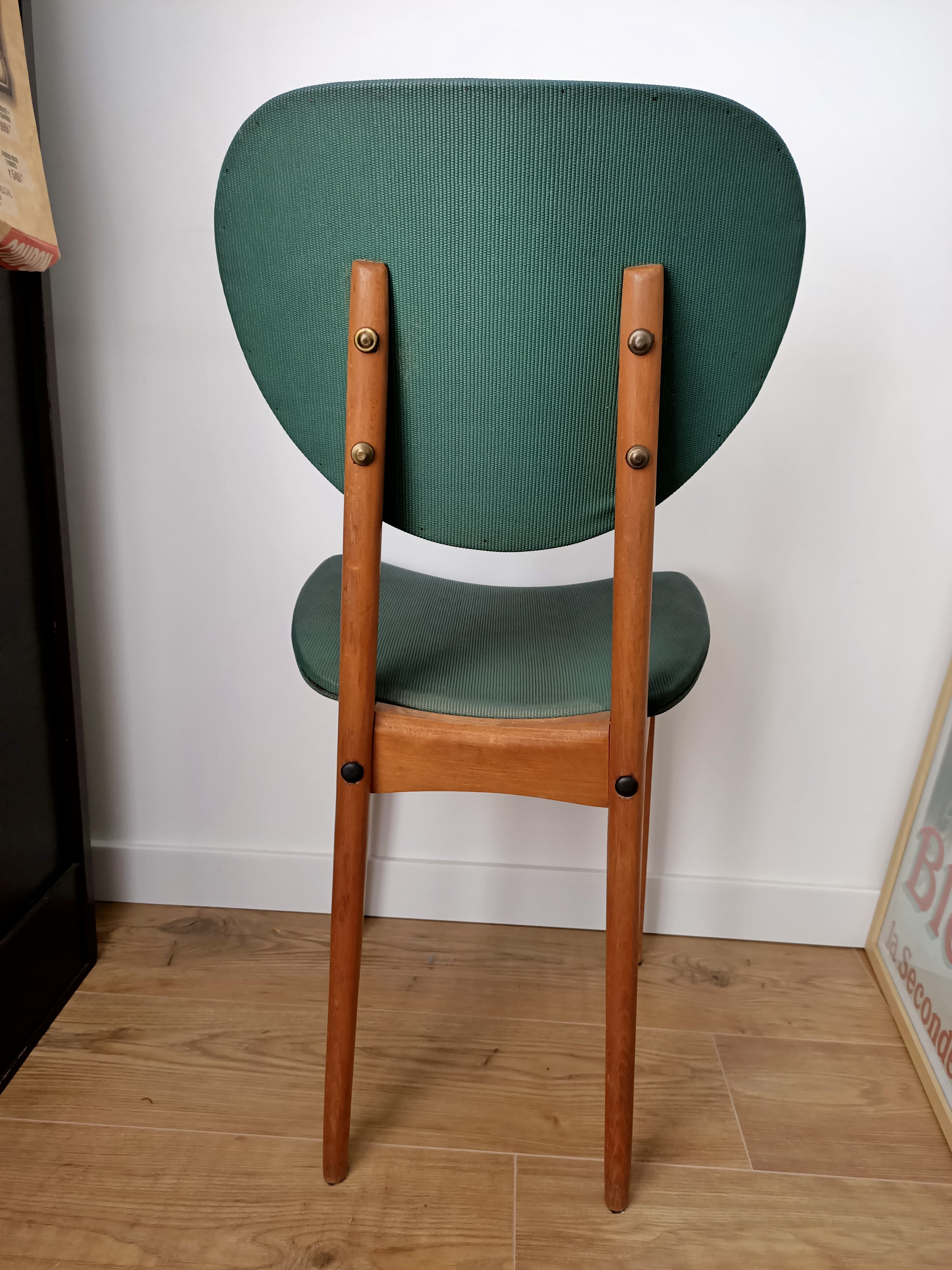 Wooden chair and green leather years -60s