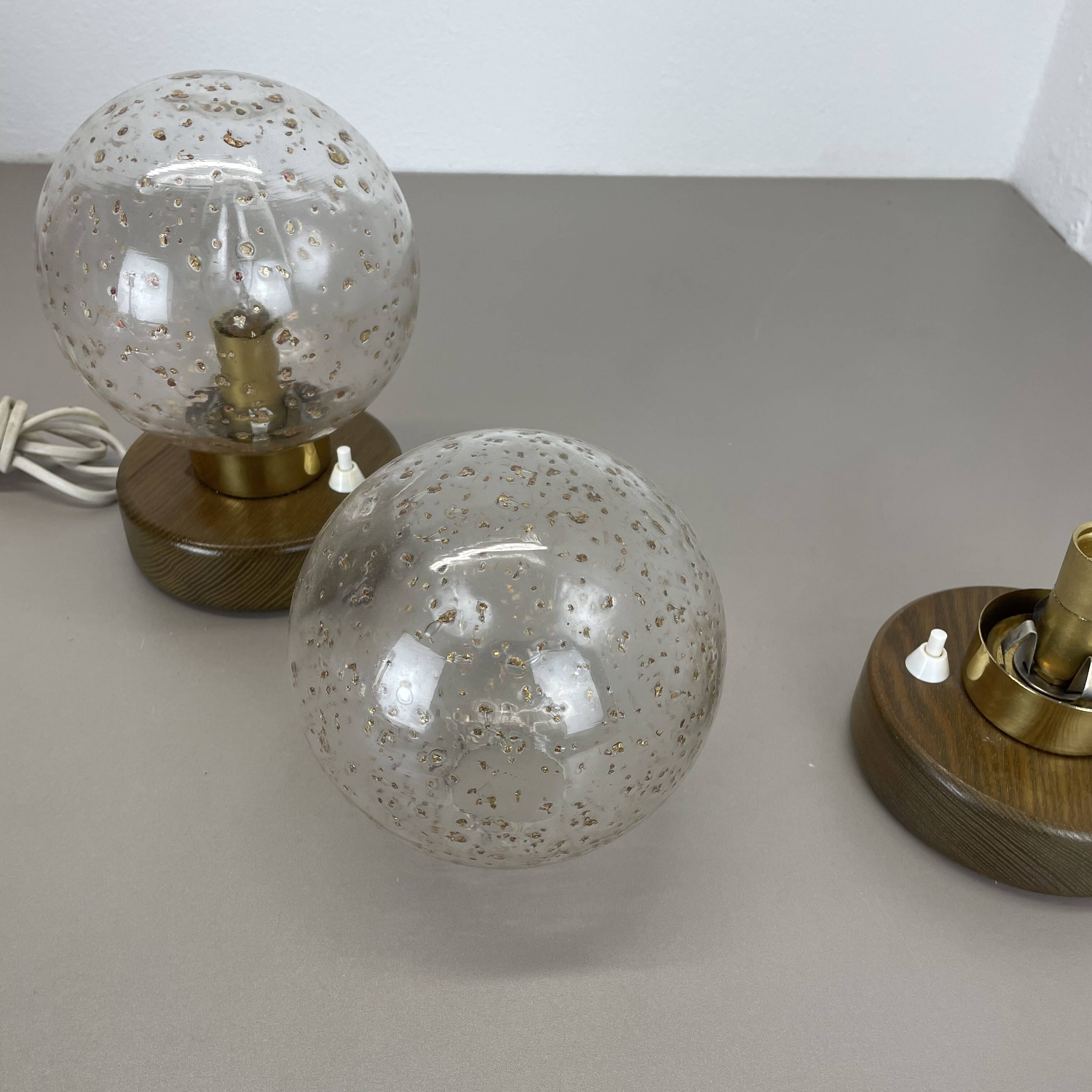 Set of 2 glass ball and oak Wooden Table Lights by Temde Lights, Germany 19