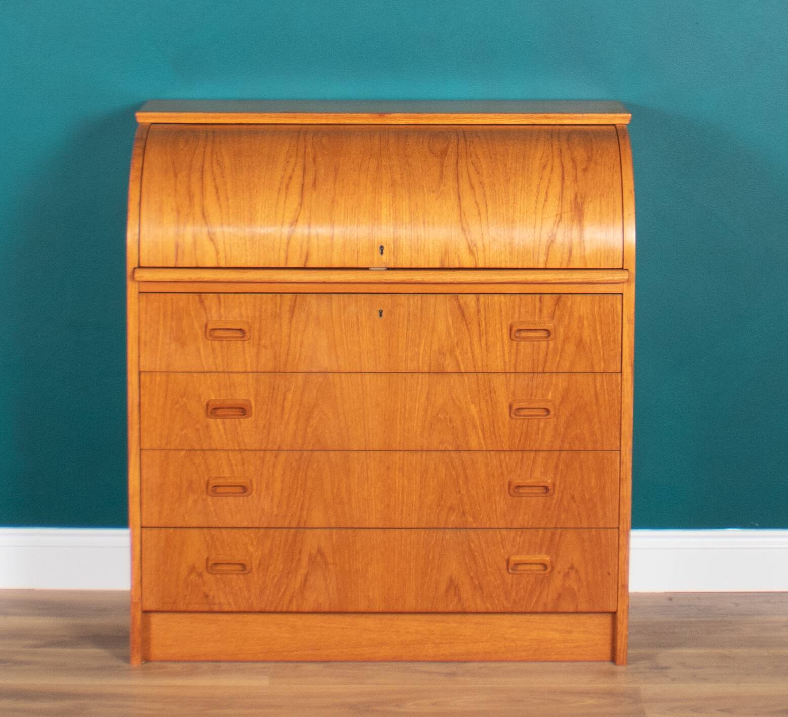 Retro Teak 1960s Danish Tambour Front Roll Top Bureau Writing Desk
