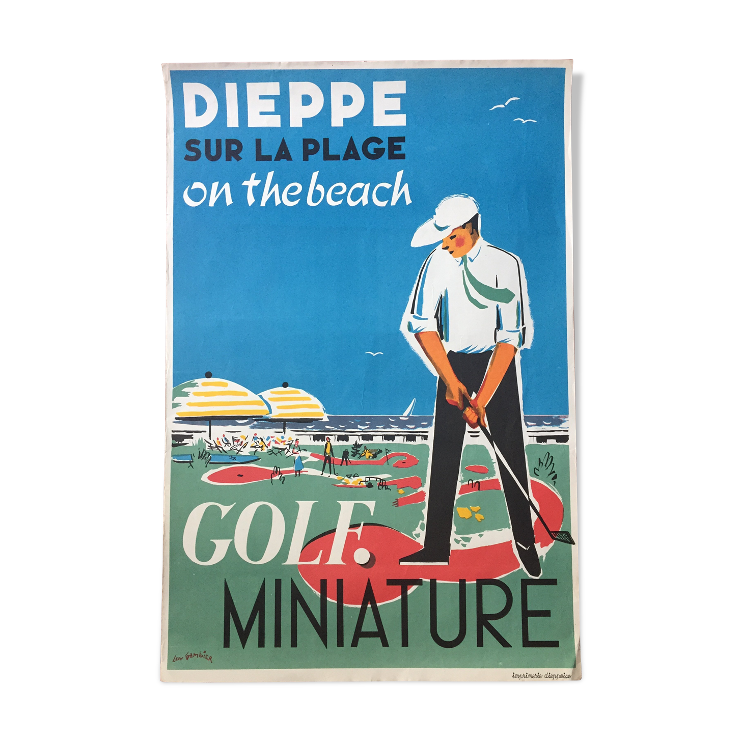 Poster "Dieppe on the beach on the beach" miniature golf by Leon Gambier from the 1950s
