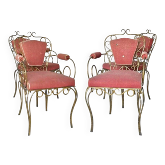 Set of 4 gilded wrought iron armchairs attributed to René DROUET.