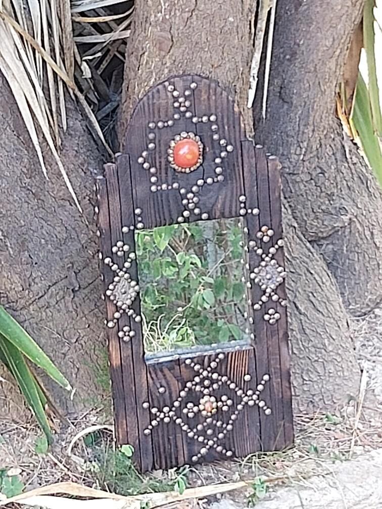 Ancient brutalist oriental wooden mirror 23x53cm