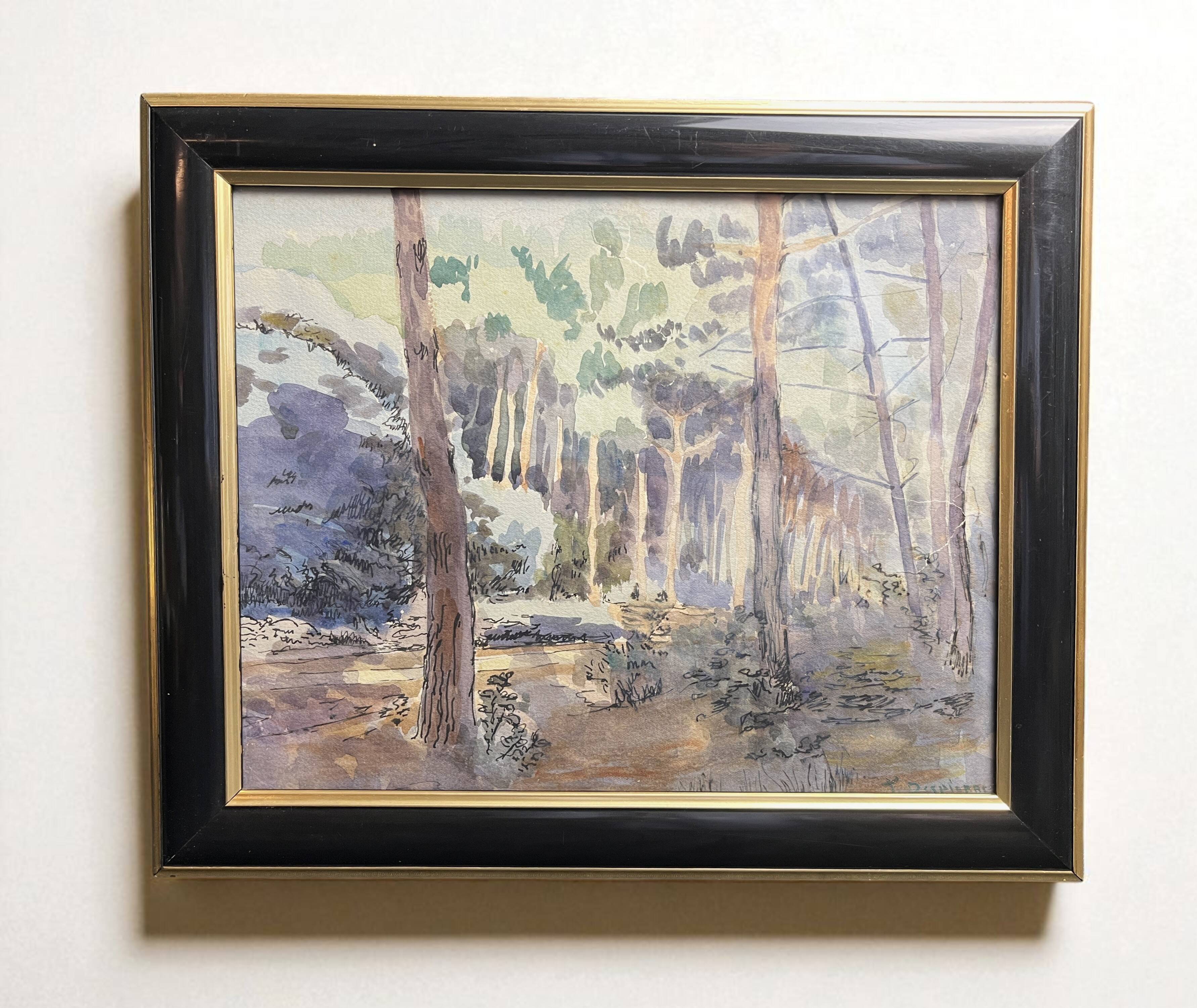 Despierre, Watercolor landscape undergrowth signed frame 20th century