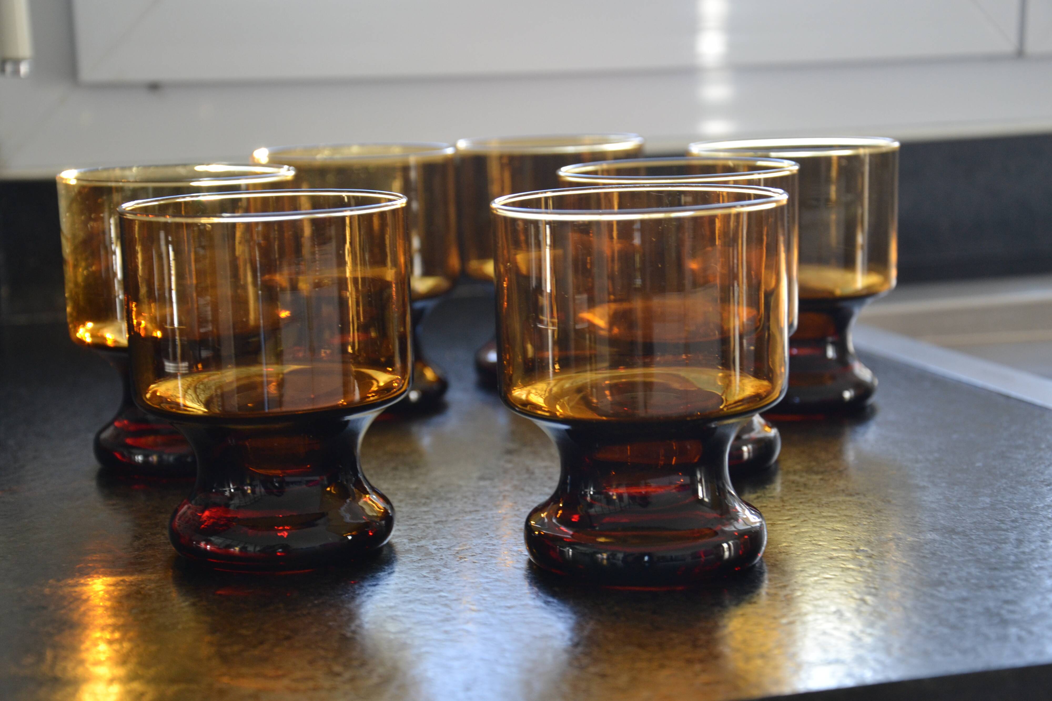 7 Vintage Mouth Blown Amber Stemmed Glasses