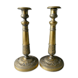 Pair of gold metal candlesticks, Empire style, H 28 cm