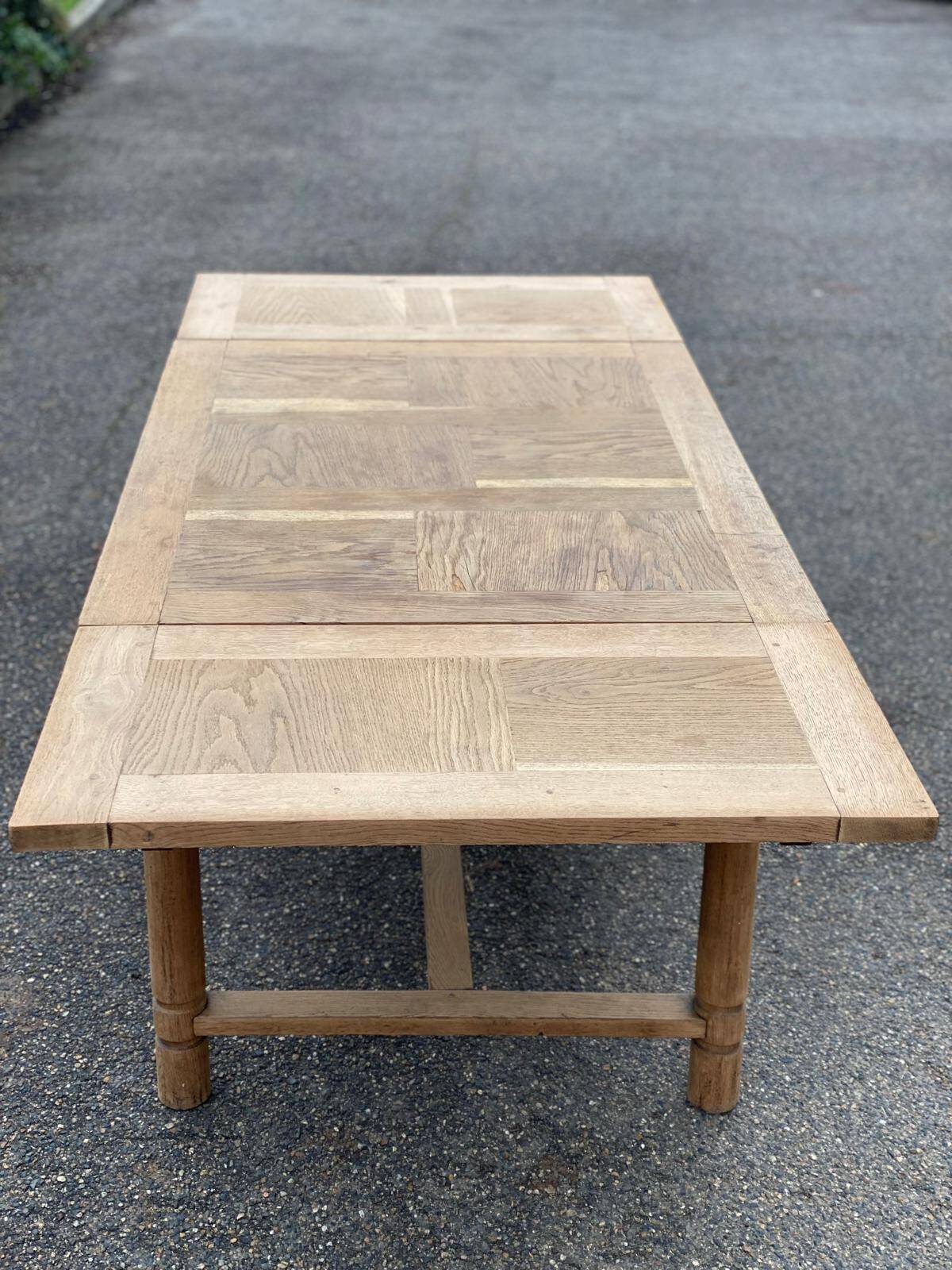 Renovated extendable farmhouse table in raw solid wood and marquetry 210cm
