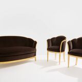 Maurice Dufrène gilded wood bench with brown velvet 1925