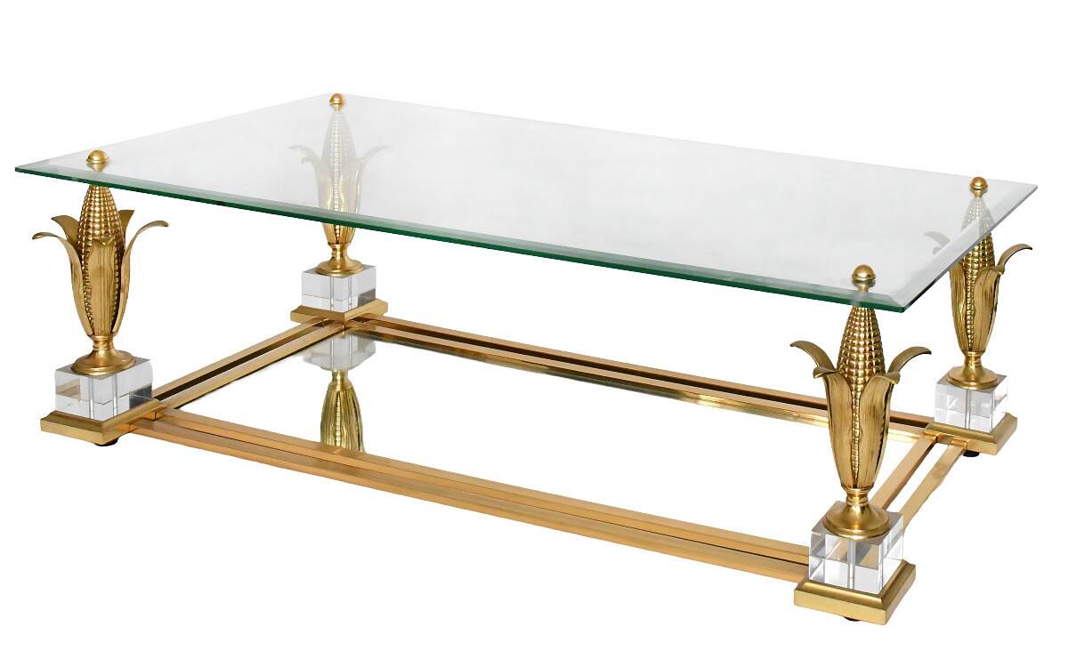 Table basse en laiton doré et verre à décor des épis de maïs