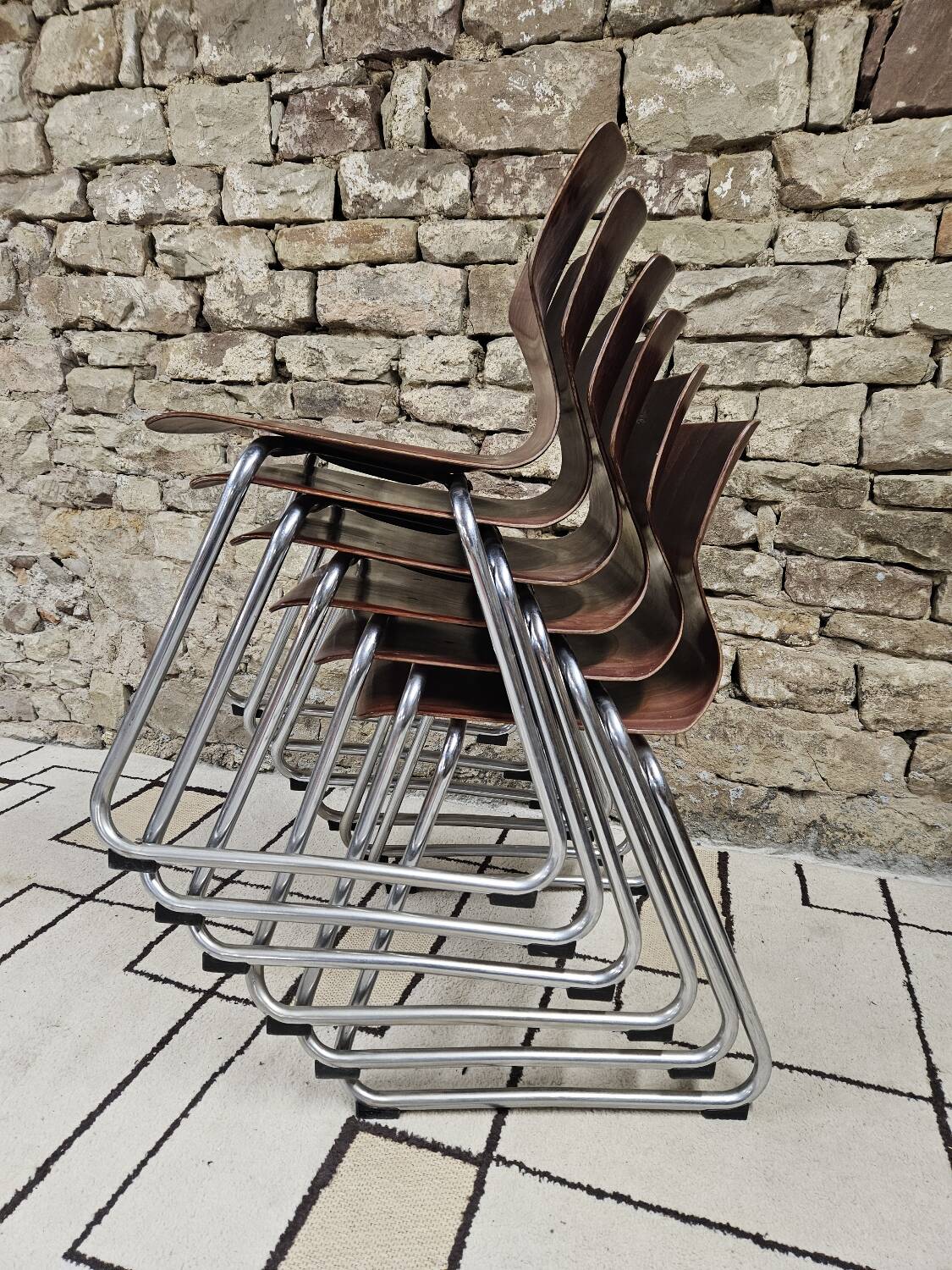 Set of 6 Flötotto pagwood stackable chairs 1960