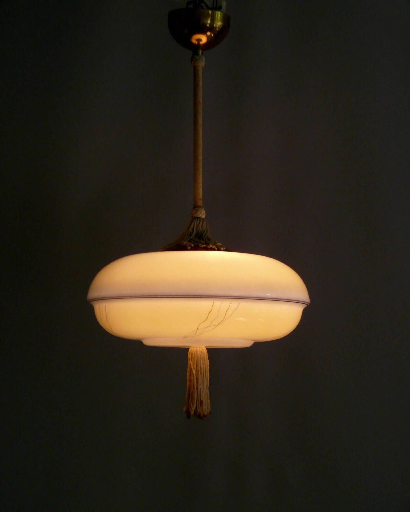 Art Deco rod pendant lamp with brass suspension and decorative glass shade