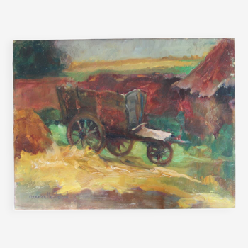 Oil painting on cardboard: cart in the countryside