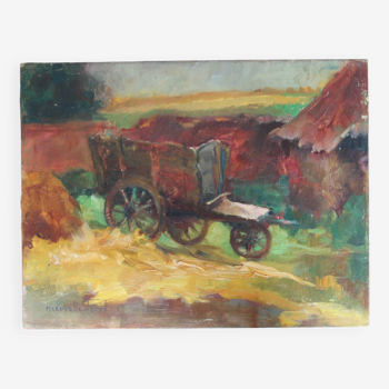 Peinture huile sur carton: chariot dans la campagne