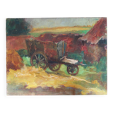 Oil painting on cardboard: cart in the countryside