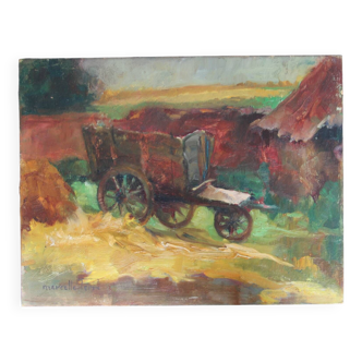 Peinture huile sur carton: chariot dans la campagne