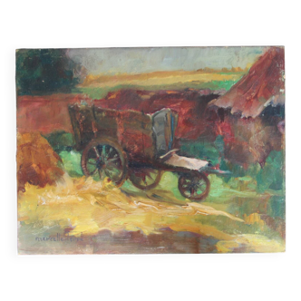 Oil painting on cardboard: cart in the countryside