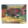Oil painting on cardboard: cart in the countryside