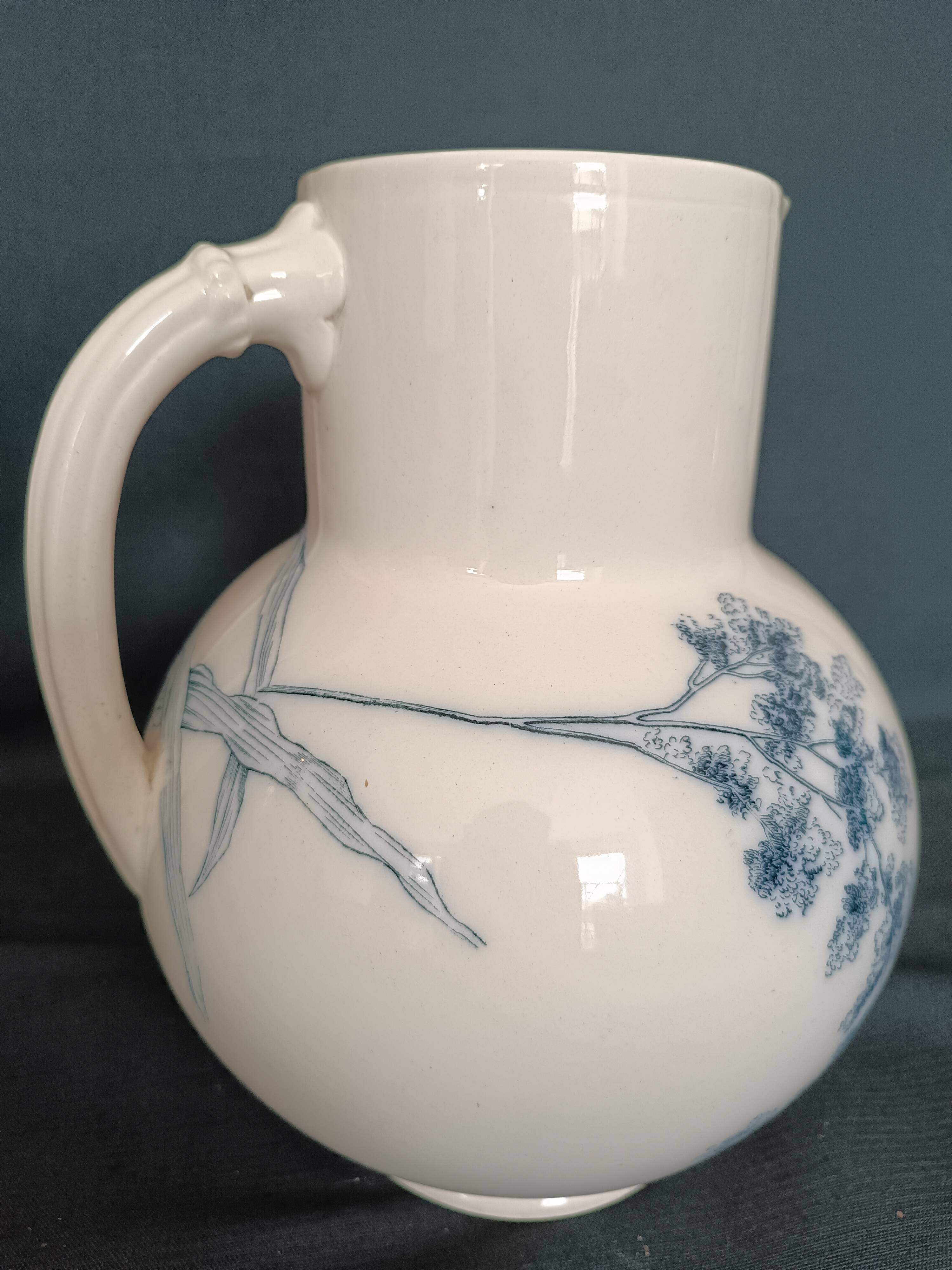 Pitcher jug vase earthenware floral decor blue early 20th century
