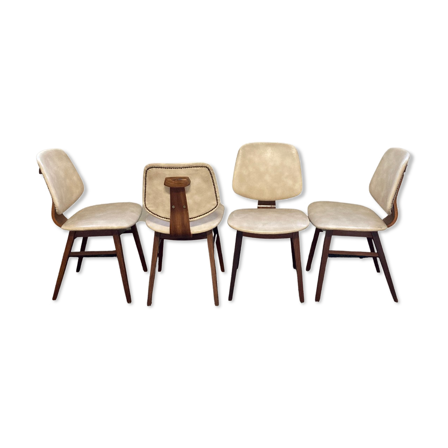 Set of 4 teak dining chairs in off white skai leather,  dutch 1950-60s
