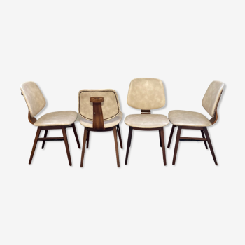 Set of 4 teak dining chairs in off white skai leather,  dutch 1950-60s