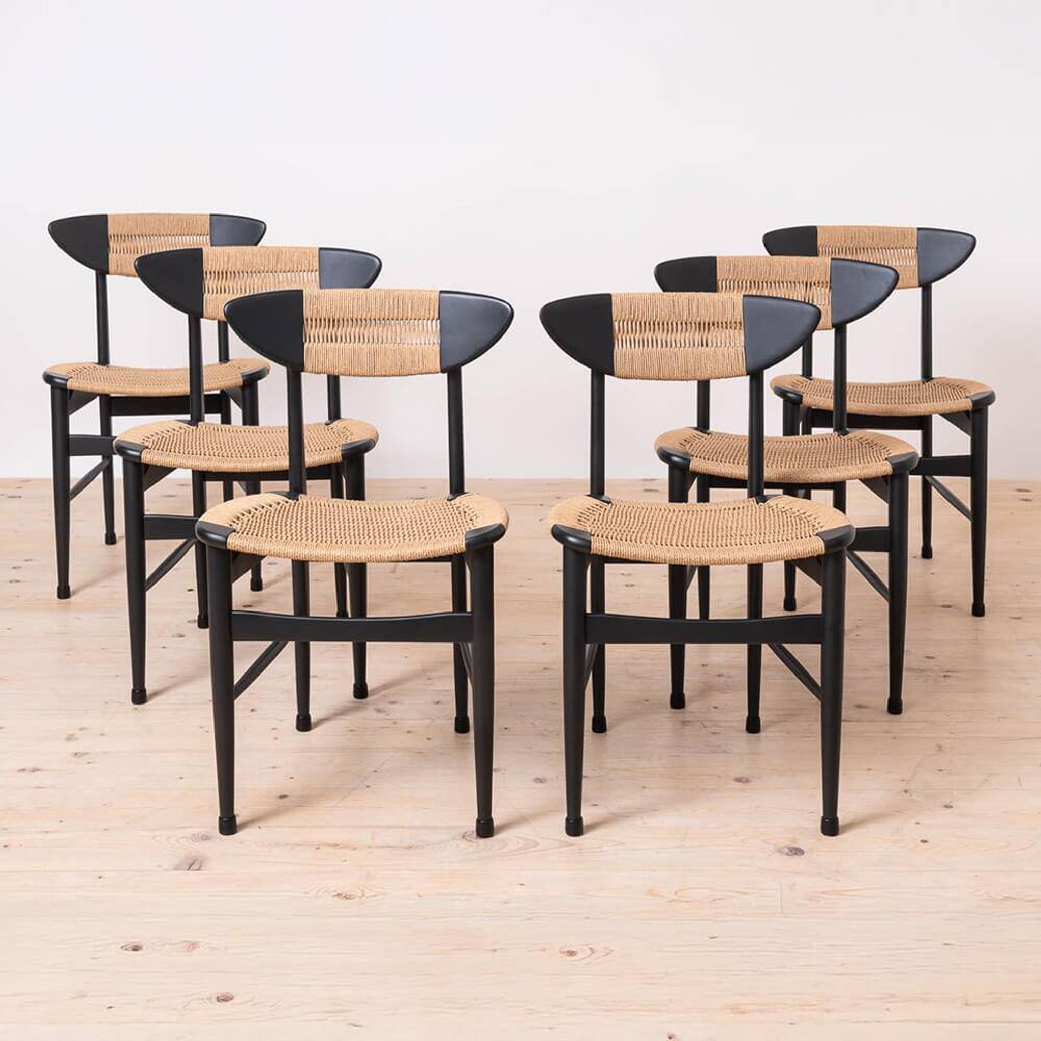 Set of 6 Scandinavian Modern Dining Chairs, Rope Seating and Backrest, 1960