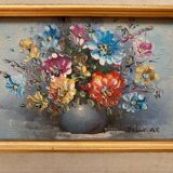 Pair of robert cox still life flowers oil painting canvas + golden wood frame
