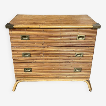 Three-drawer rattan chest of drawers with pretty brass details - 1950 - in the style of Louis Sognot