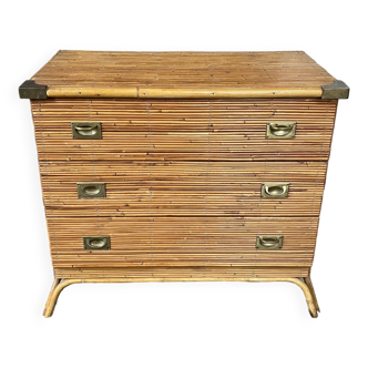 Three-drawer rattan chest of drawers with pretty brass details - 1950 - in the style of Louis Sognot