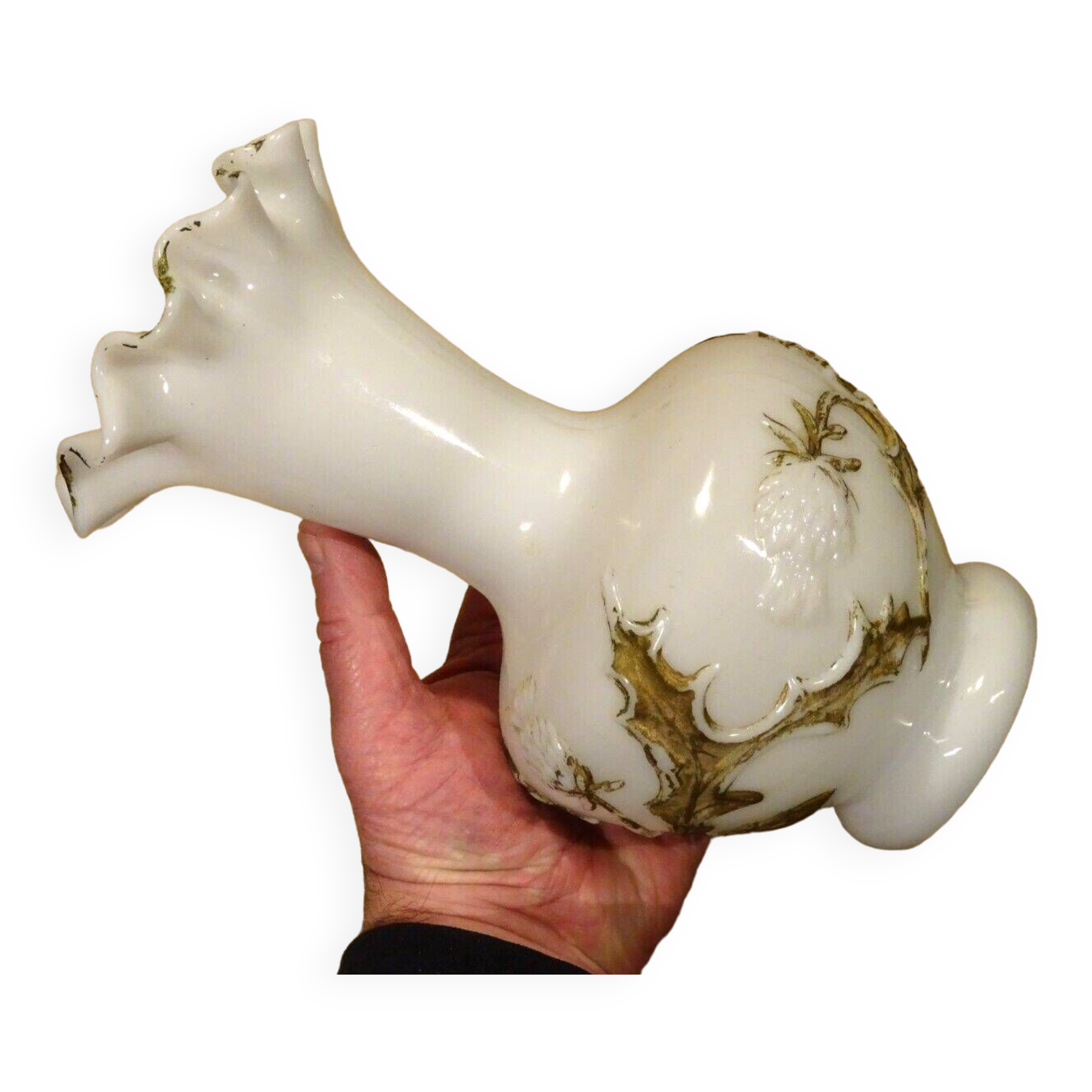 Old white opaline vase decorated with thistles in painted relief 23.6 cm high