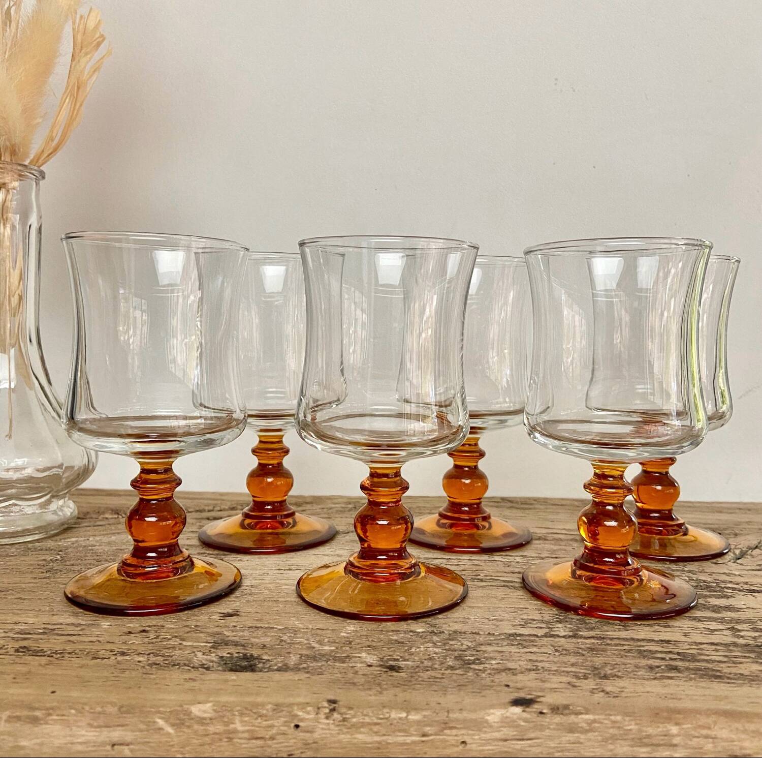 6 small vintage amber stemmed glasses