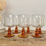 6 small vintage amber stemmed glasses