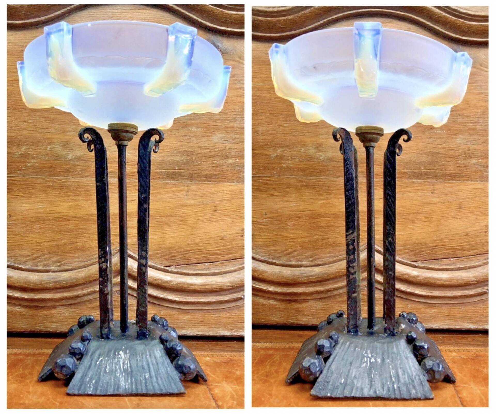 lampe Art Déco fer forgé style Edgar Brandt coupe opalescente Ezan