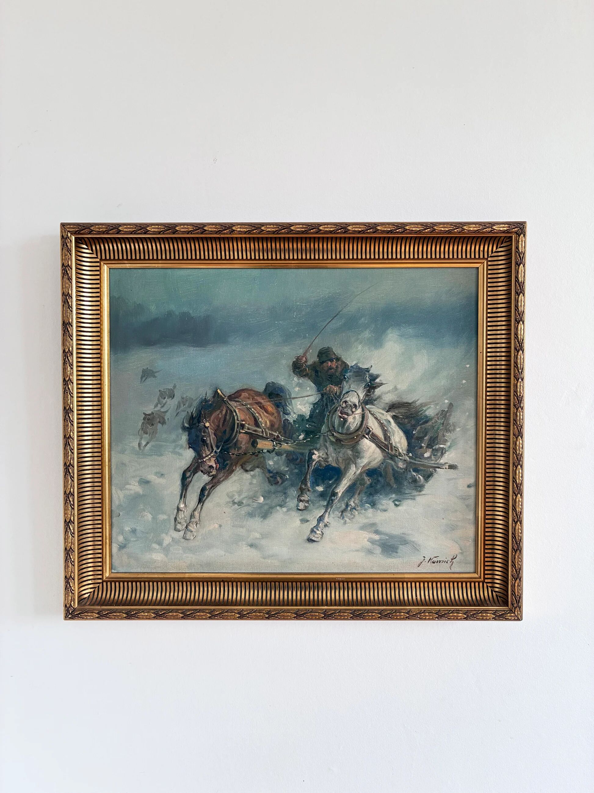 Peinture à l'huile vintage originale de cheval, grande œuvre d'art équestre signée pour mur.