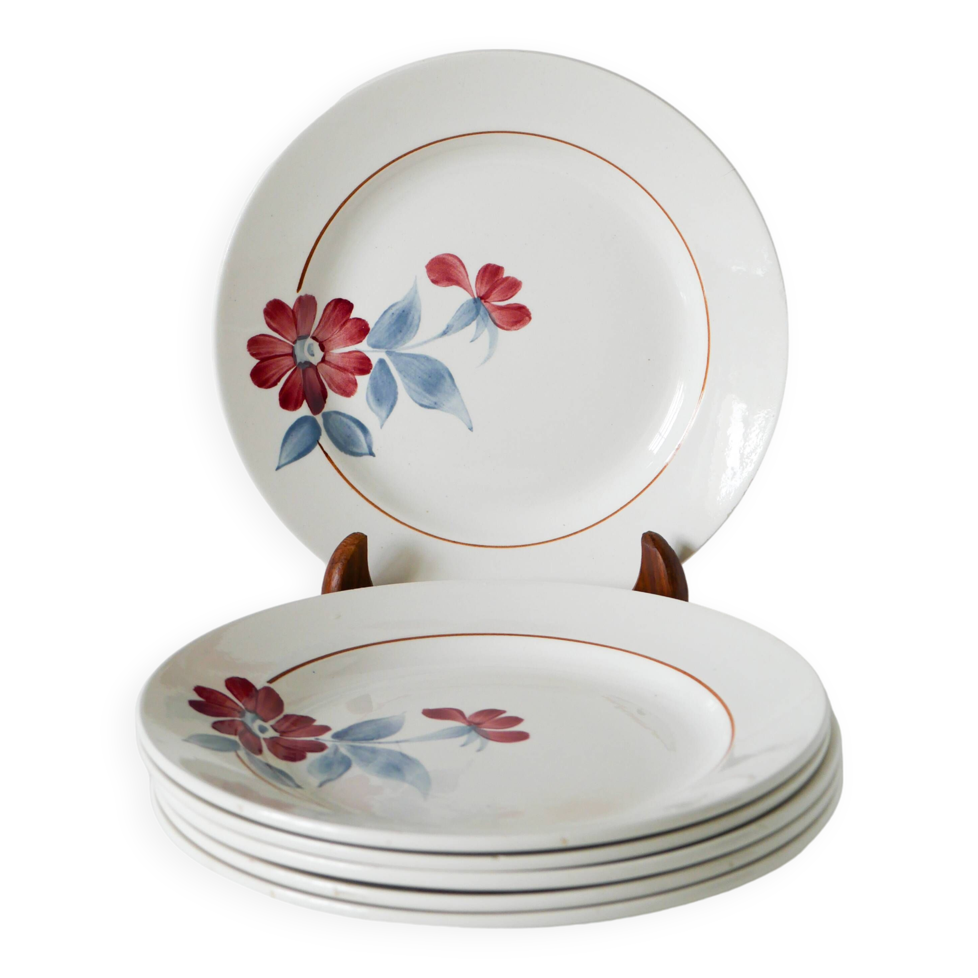 Set of 5 saint-amand dessert plates, with pink and blue flowers, 1960