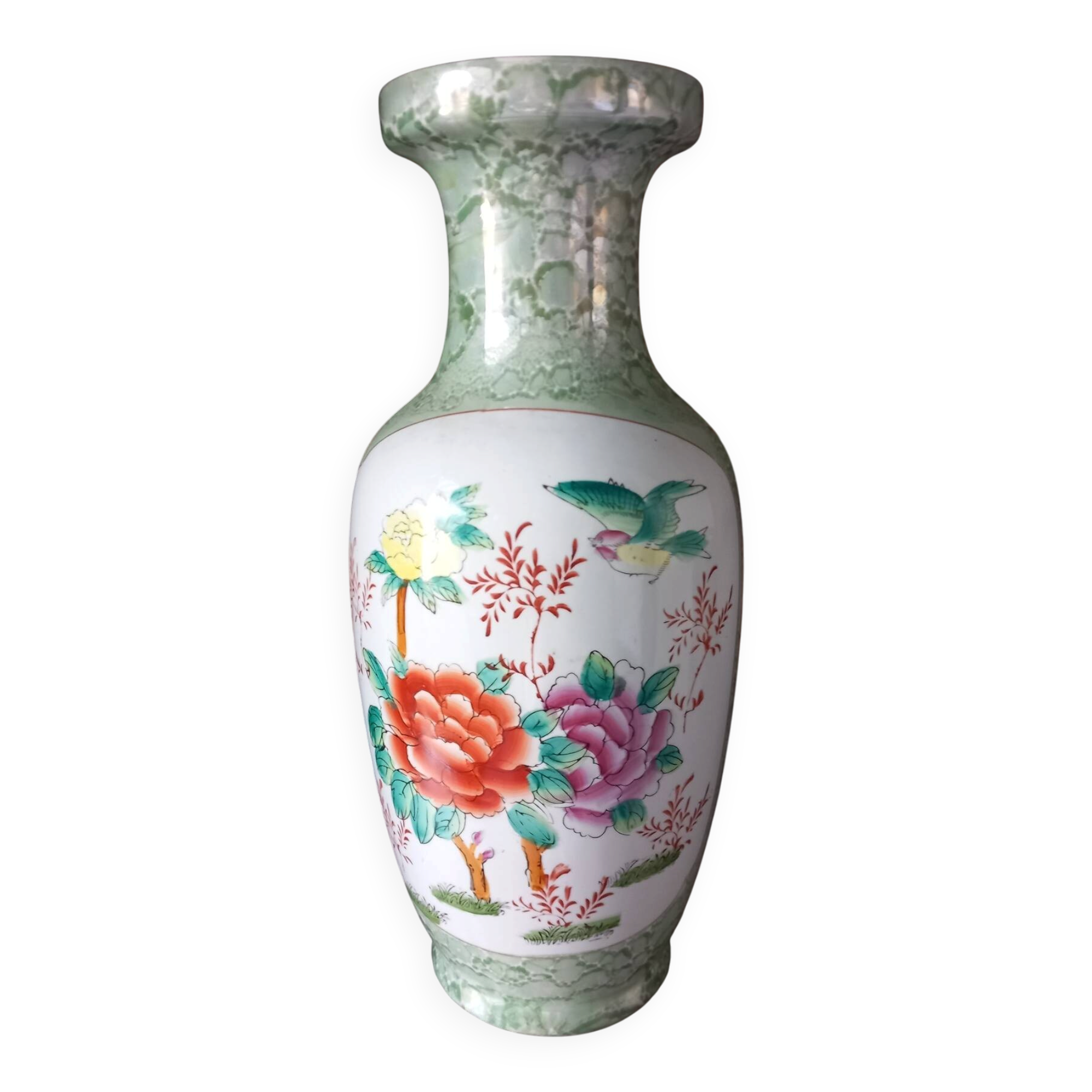 Vase chinois en porcelaine, décor floral et oiseaux, céladon