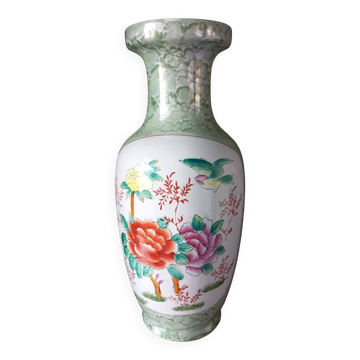 Vase chinois en porcelaine, décor floral et oiseaux, céladon