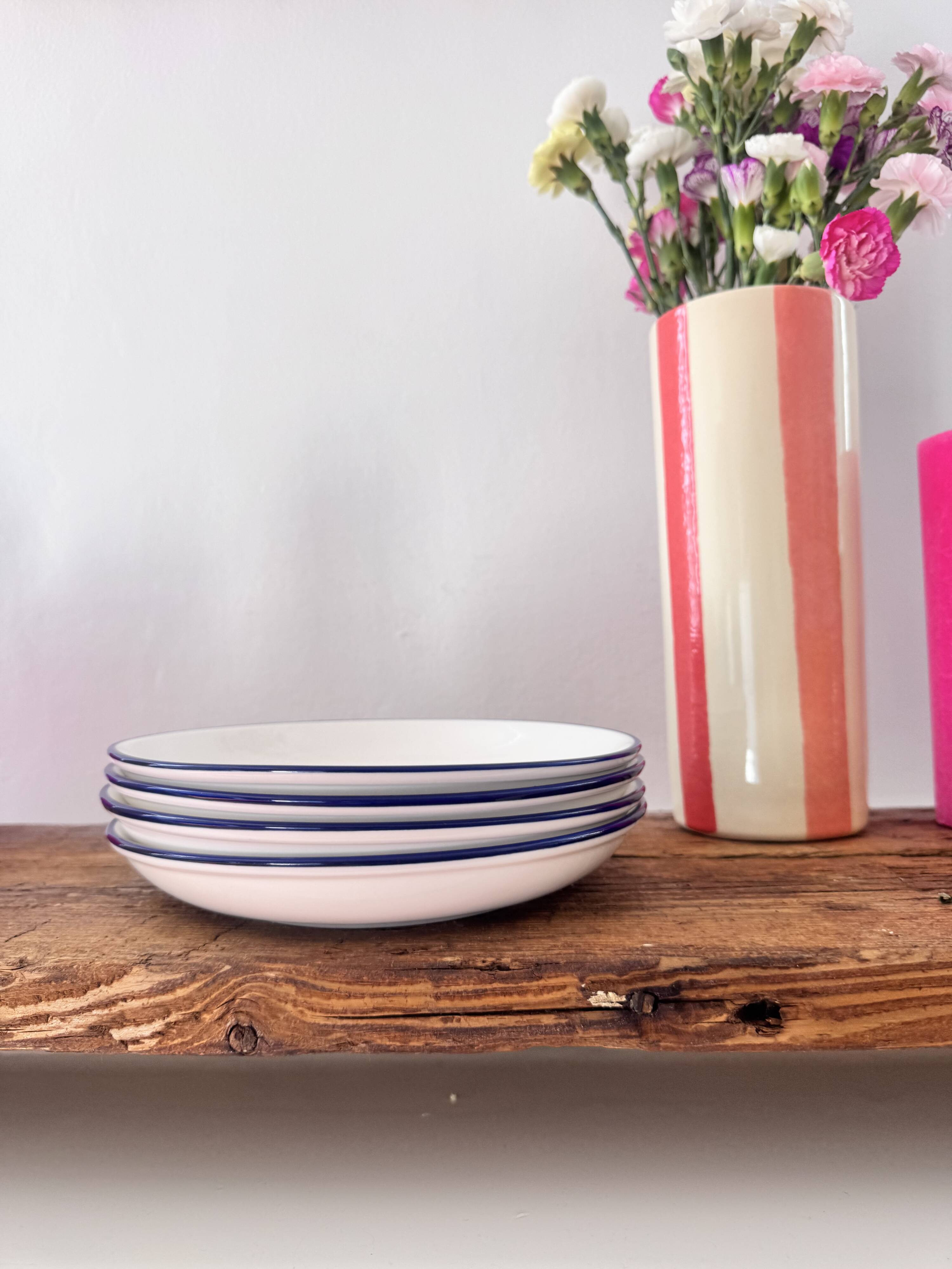 Set of 4 Deep Dessert Plates – White & Blue Rim