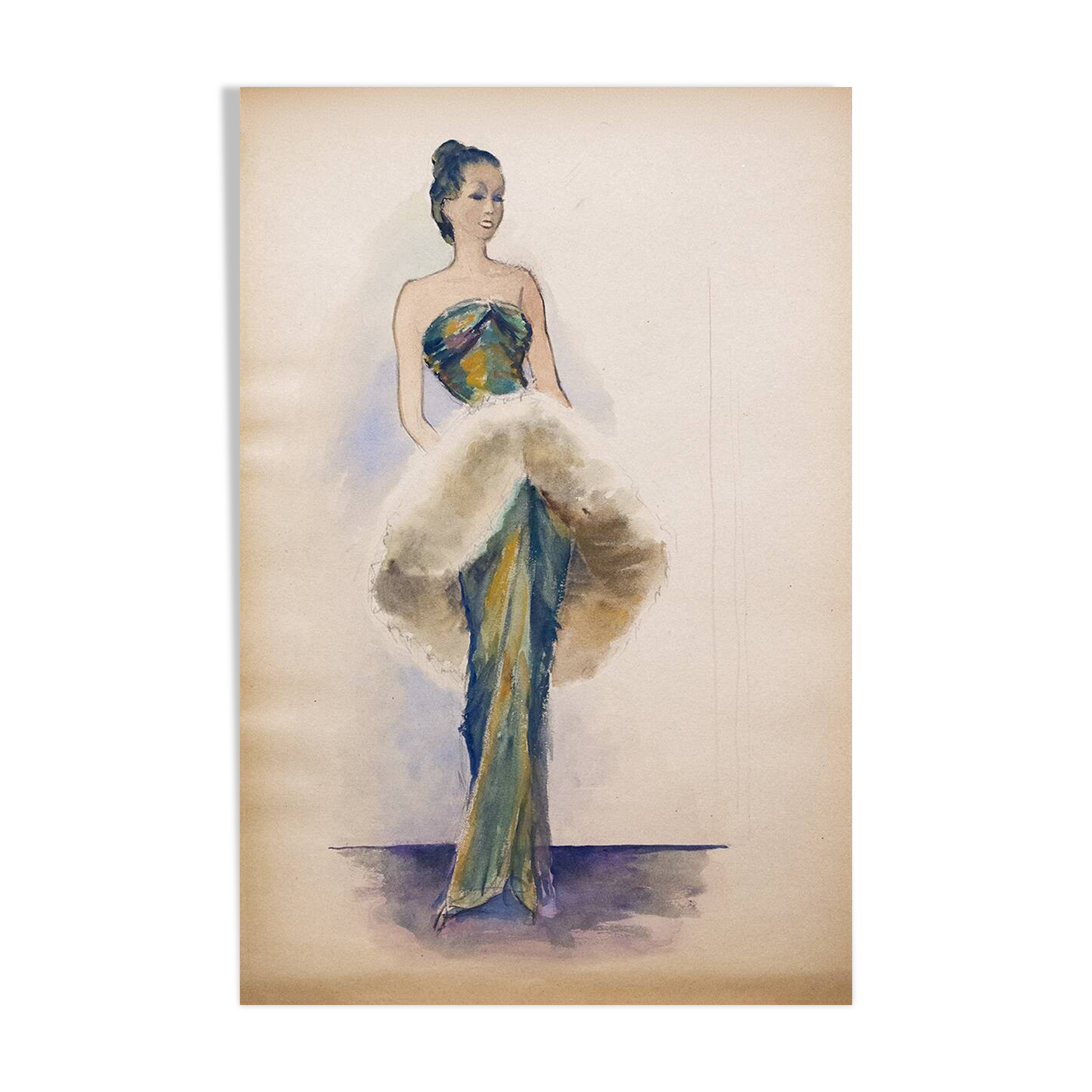 Fashion sketches: Woman in evening dress - Early 20th century Charcoal & Watercolor