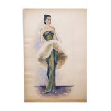 Fashion sketches: Woman in evening dress - Early 20th century Charcoal & Watercolor