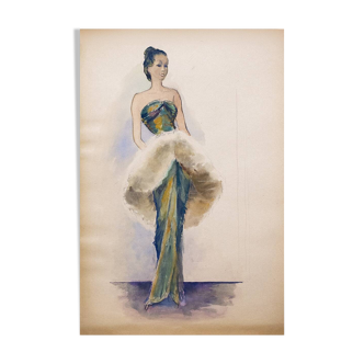 Fashion sketches: Woman in evening dress - Early 20th century Charcoal & Watercolor