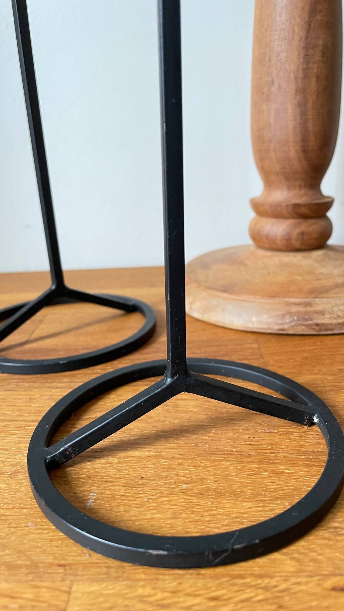 Trio of Vintage Teak and Steel Candlesticks