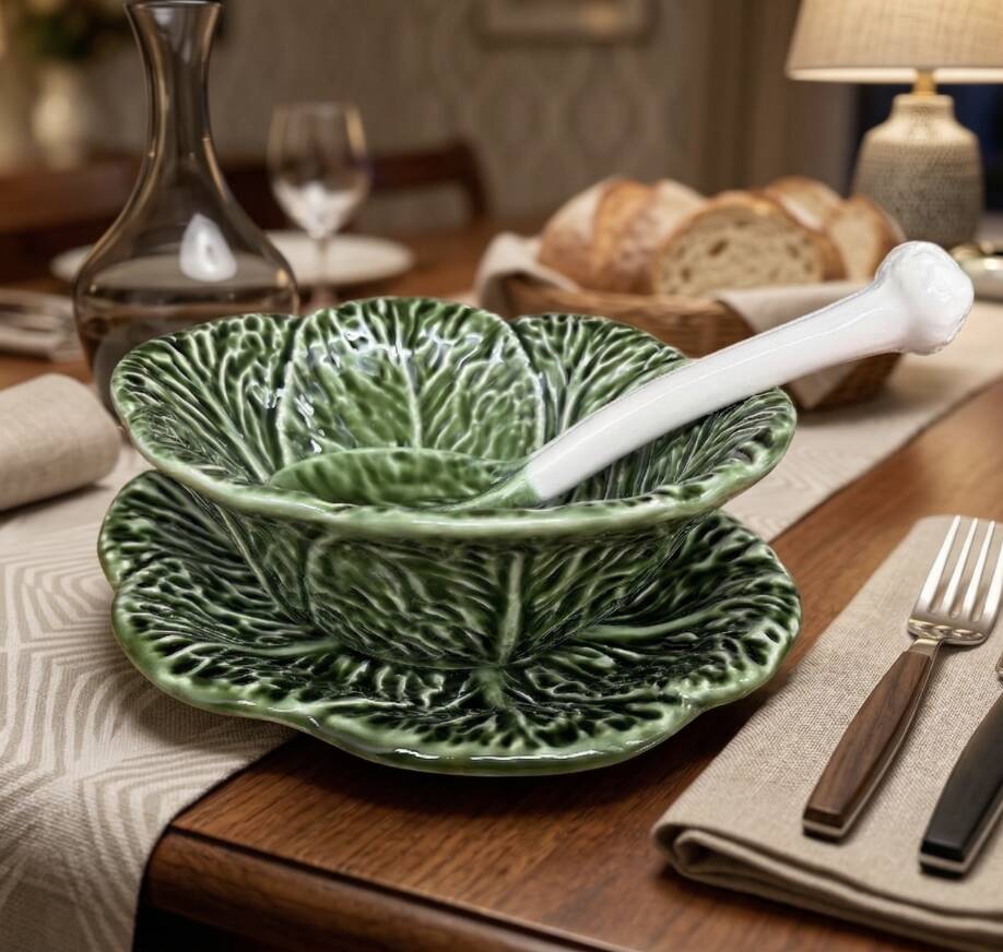 Sauce boat with its stand and spoon - cabbage leaf