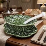 Sauce boat with its stand and spoon - cabbage leaf