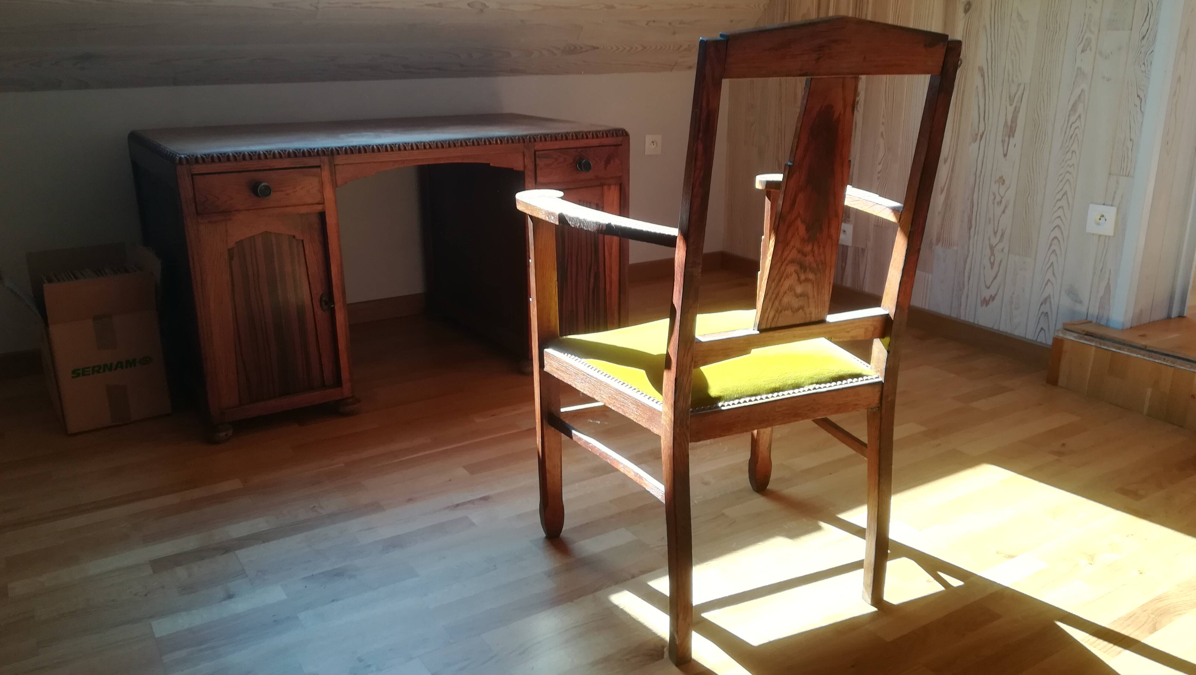 Oak and velvet armchair circa
