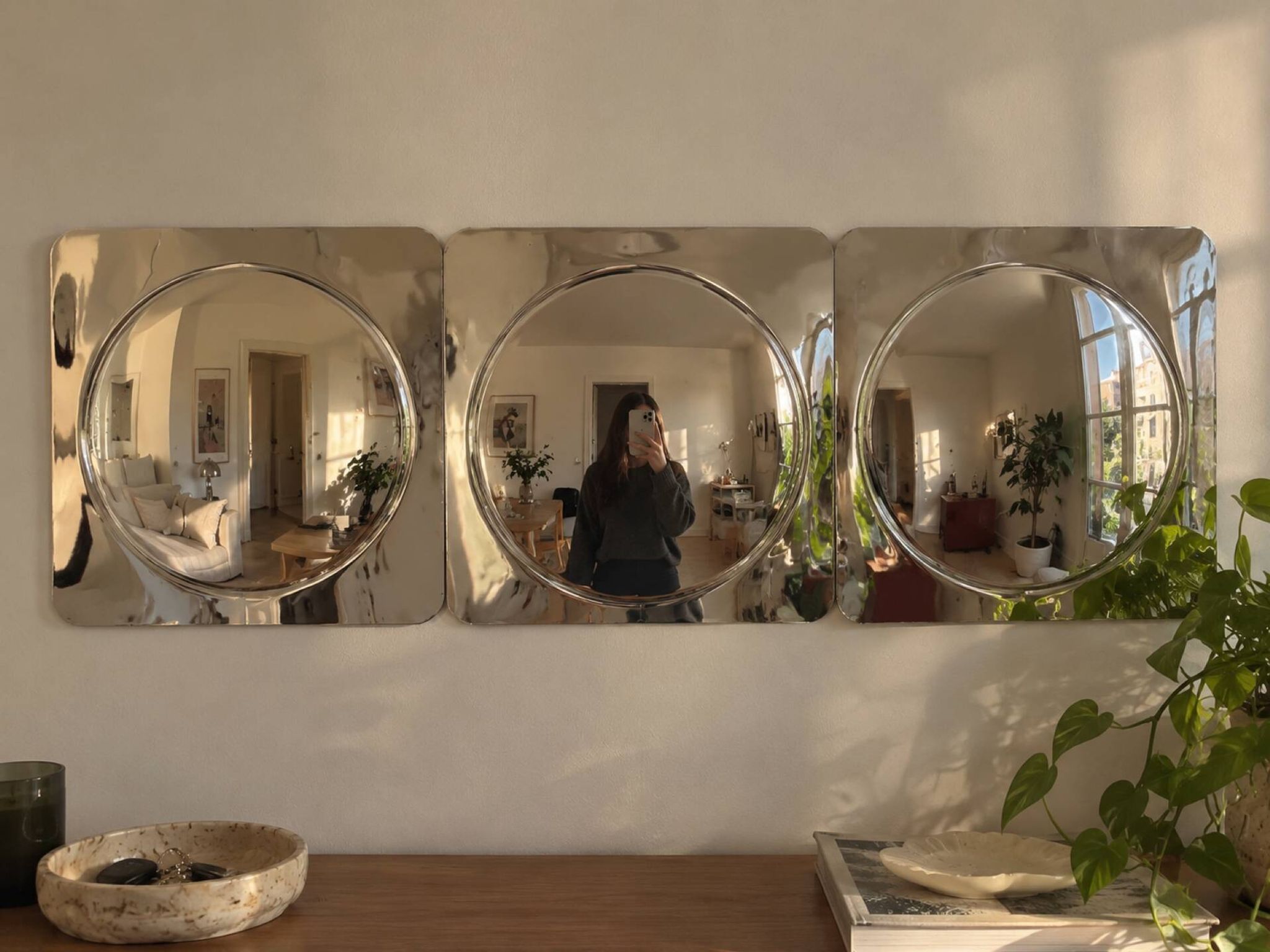Lot de 3 miroirs convexes carrés chromés – design Space Age