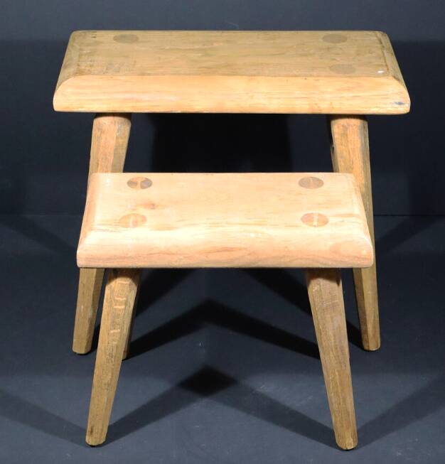 Set of 2 solid wood stools in French brutalist style.