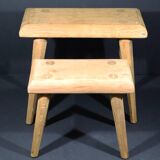 Set of 2 solid wood stools in French brutalist style.
