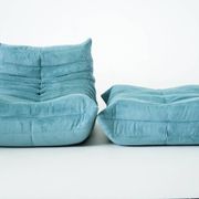Togo set of armchair and pouf in light blue corduroy