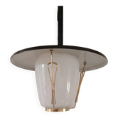 Suspension vintage tôle laiton verre opalin