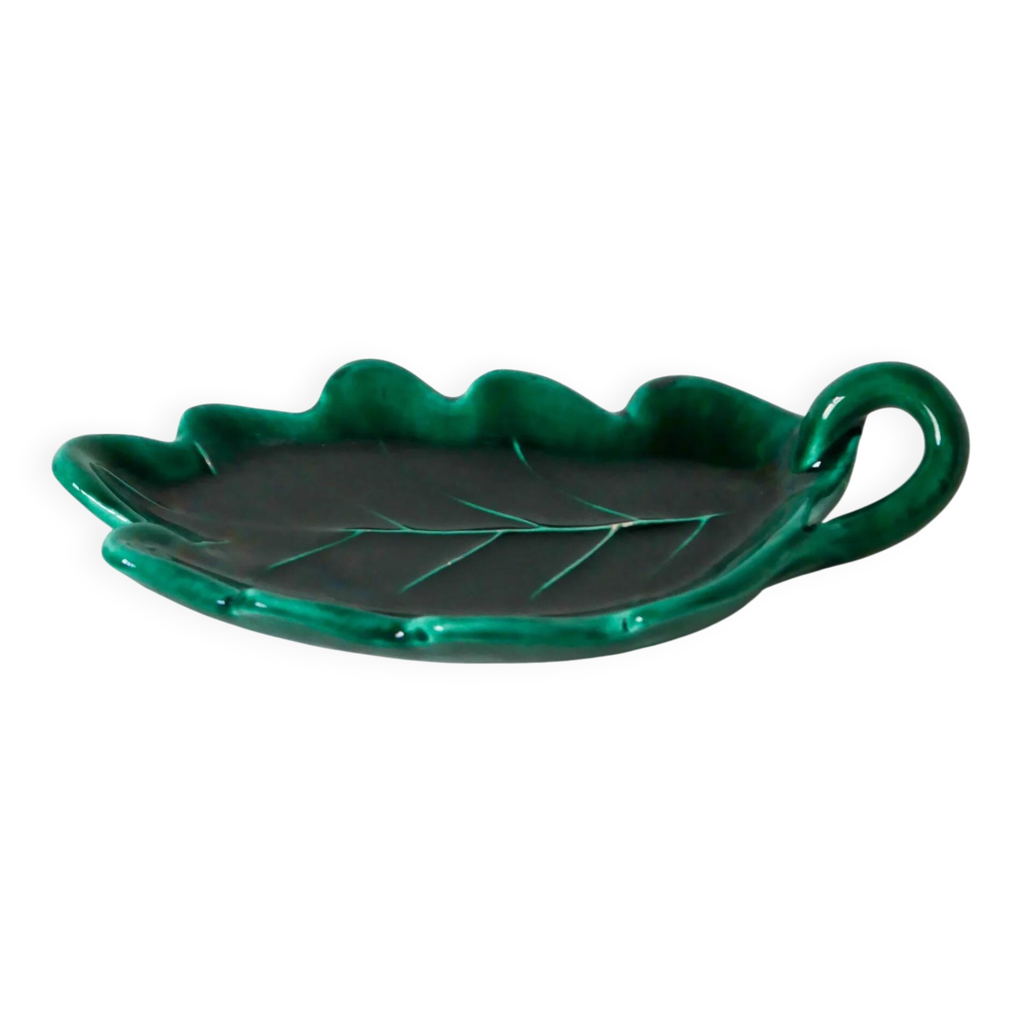 Large earthenware catchall, "Leaf" model, green, design, 1970.